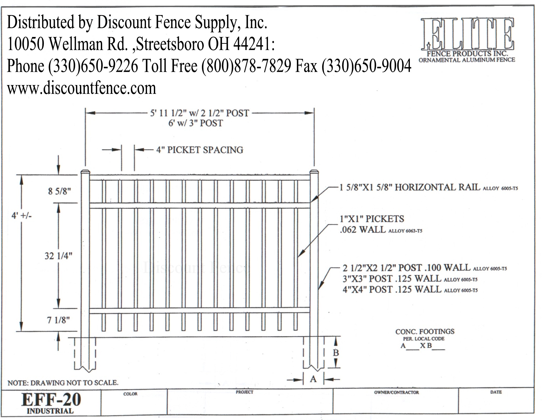 Discount Elite Aluminum Fence EFF-20 4ft Drawings