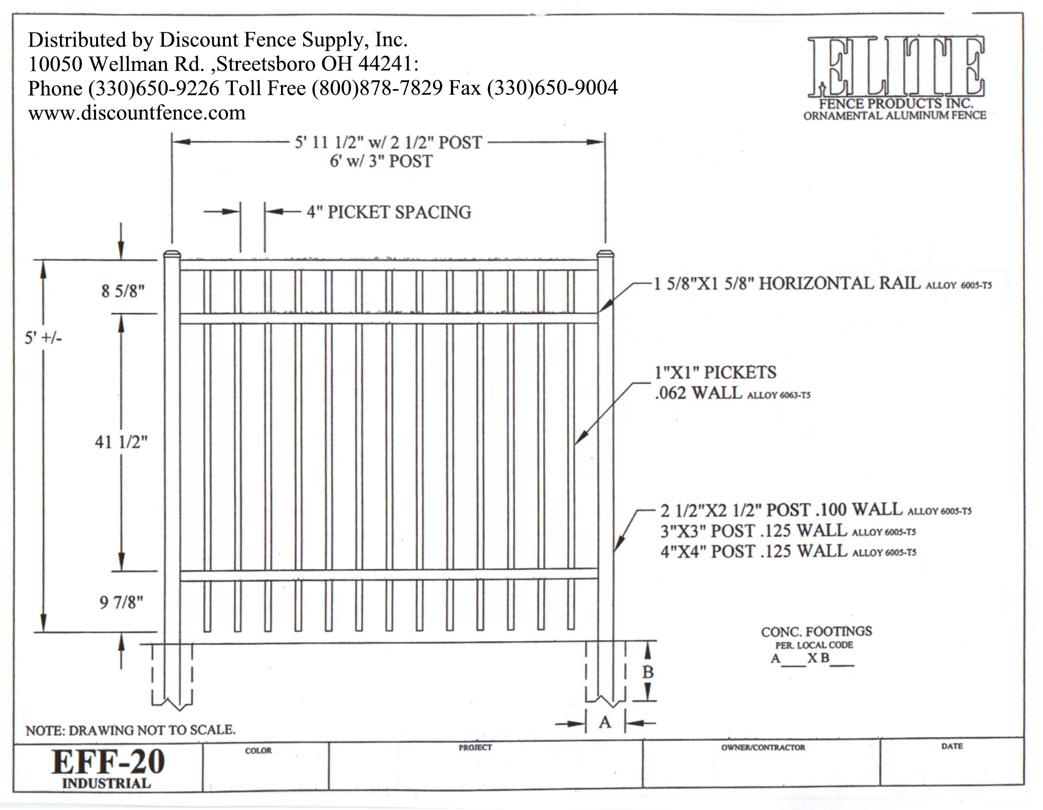 Discount Elite Aluminum Fence EFF-20 5ft Drawings