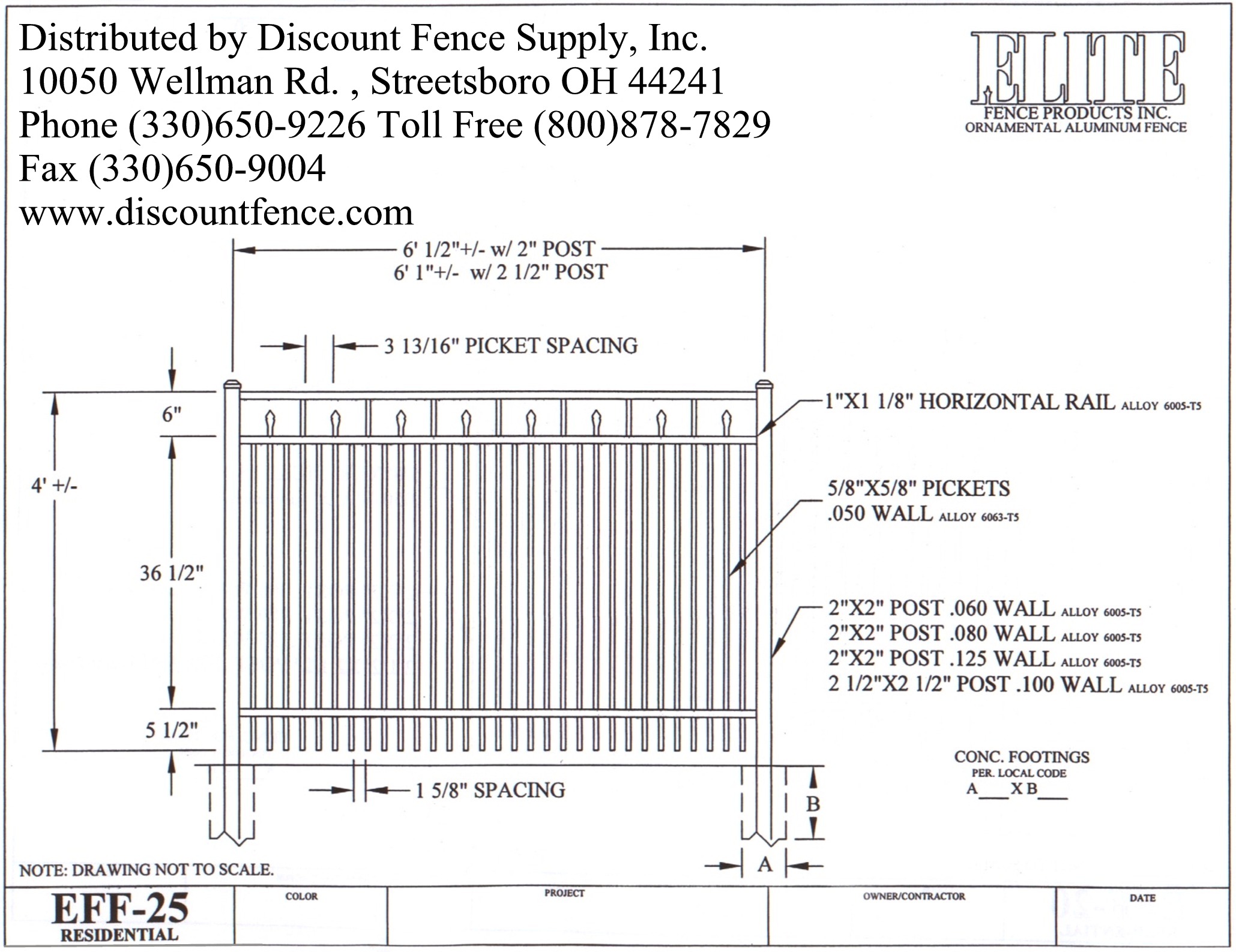 Discount Elite Aluminum Fence EFF-25 4ft Drawings