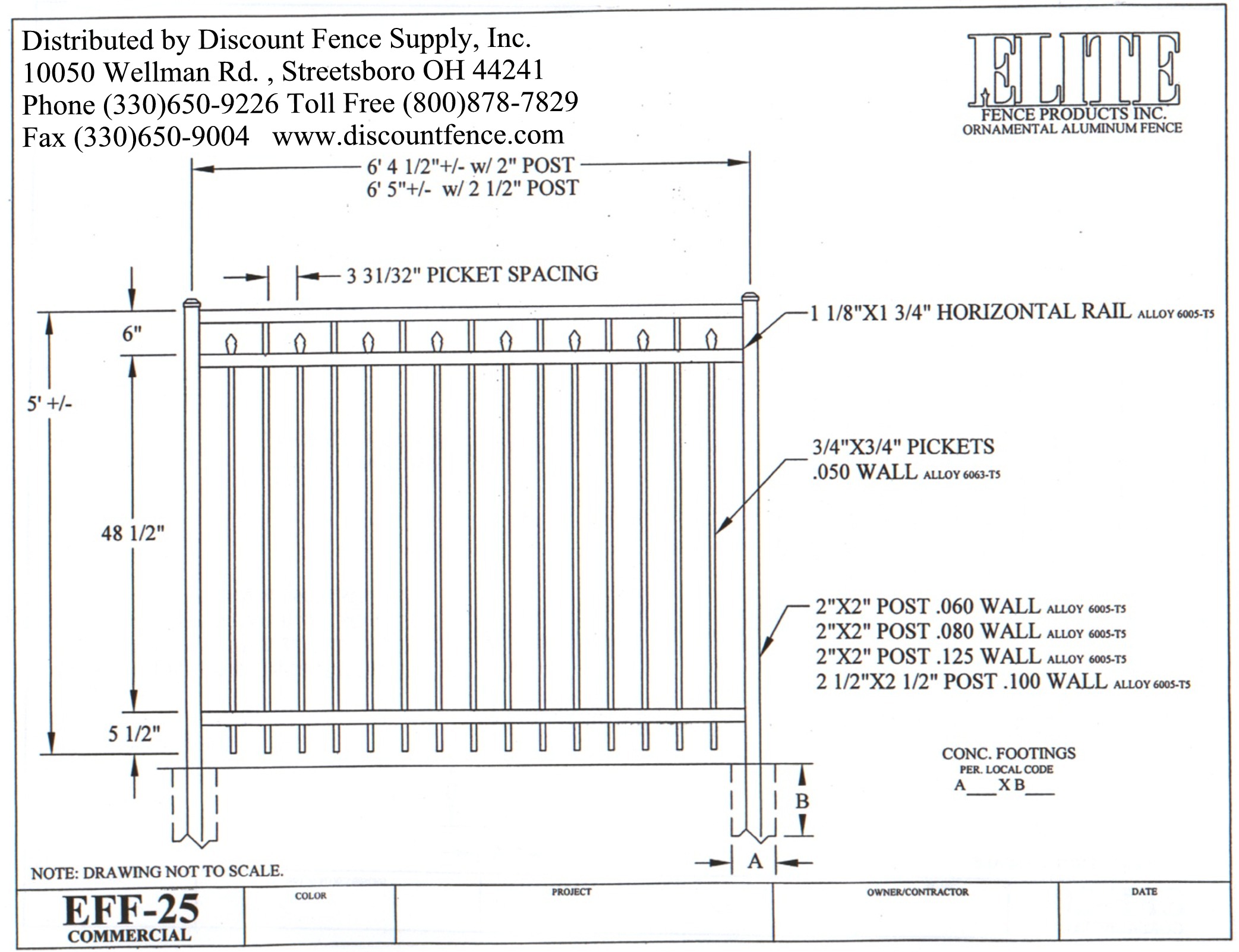 Elite Aluminum Fence EFF-25 5ft Drawings