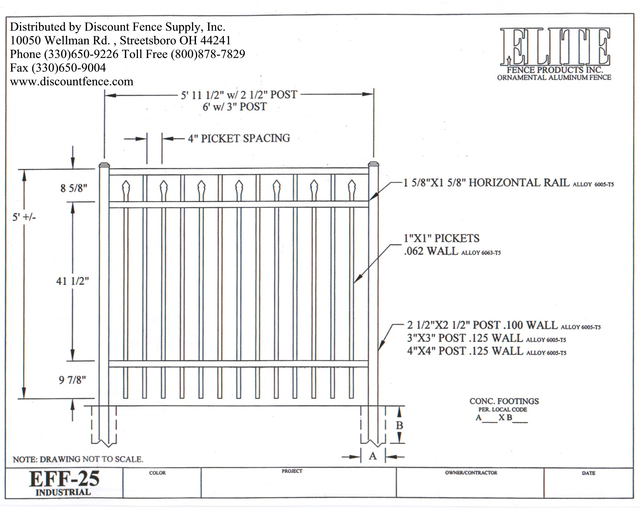 Elite Aluminum Fence EFF-25 5ft Drawings